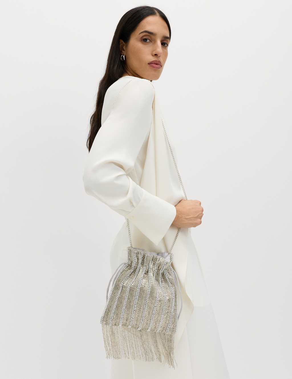 M&S Beaded Tassel Drawstring Shoulder Bag Silver