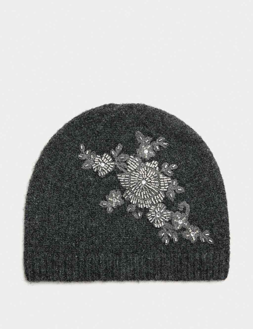 M&S Embellished Beanie with Wool Grey Mix
