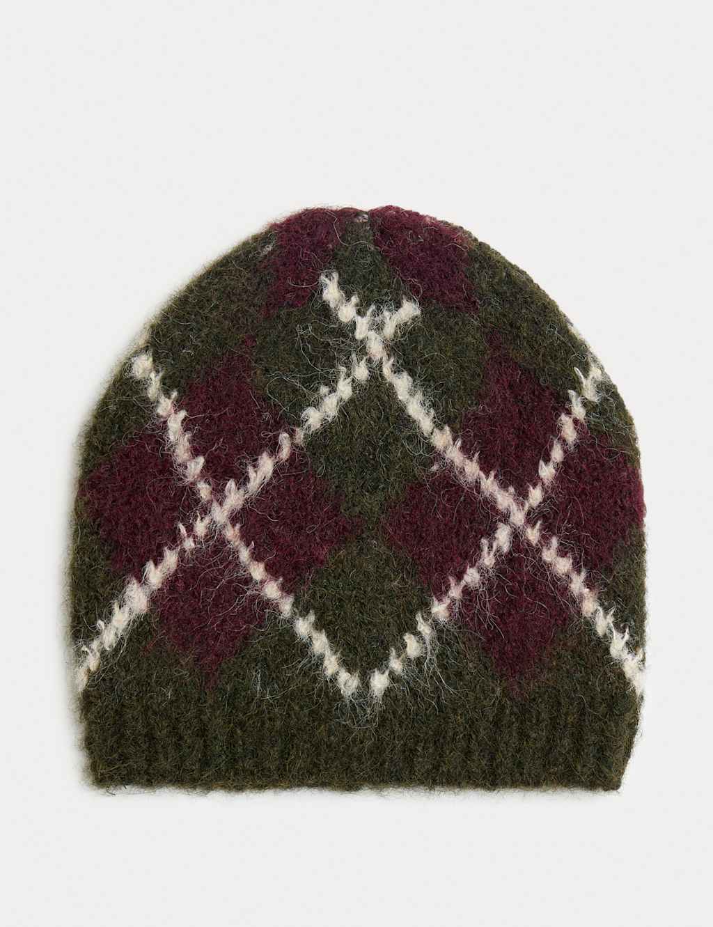 M&S Fluffy Knitted Argyle Beanie Hat with Wool Red Mix