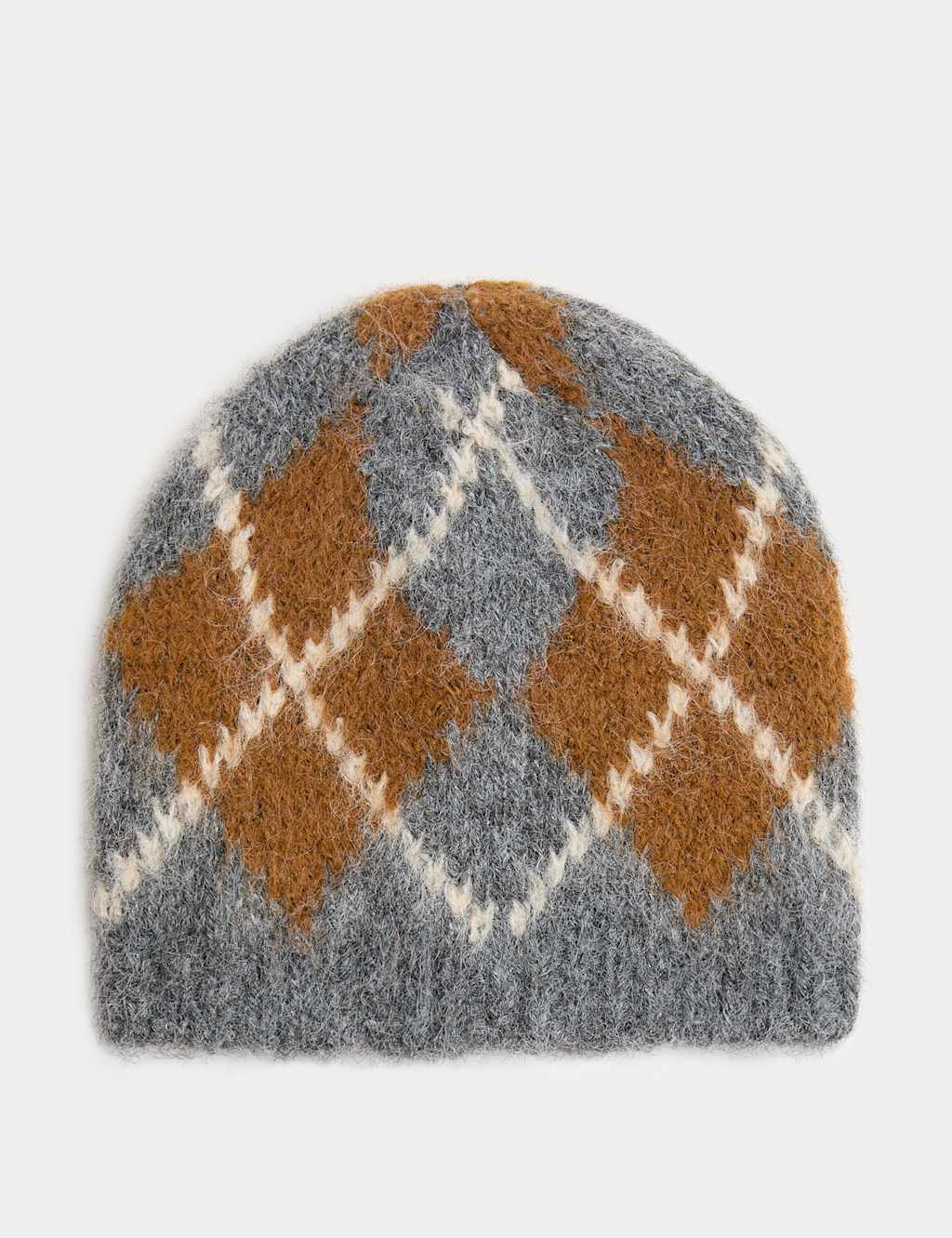 M&S Fluffy Knitted Argyle Beanie Hat with Wool Grey Mix