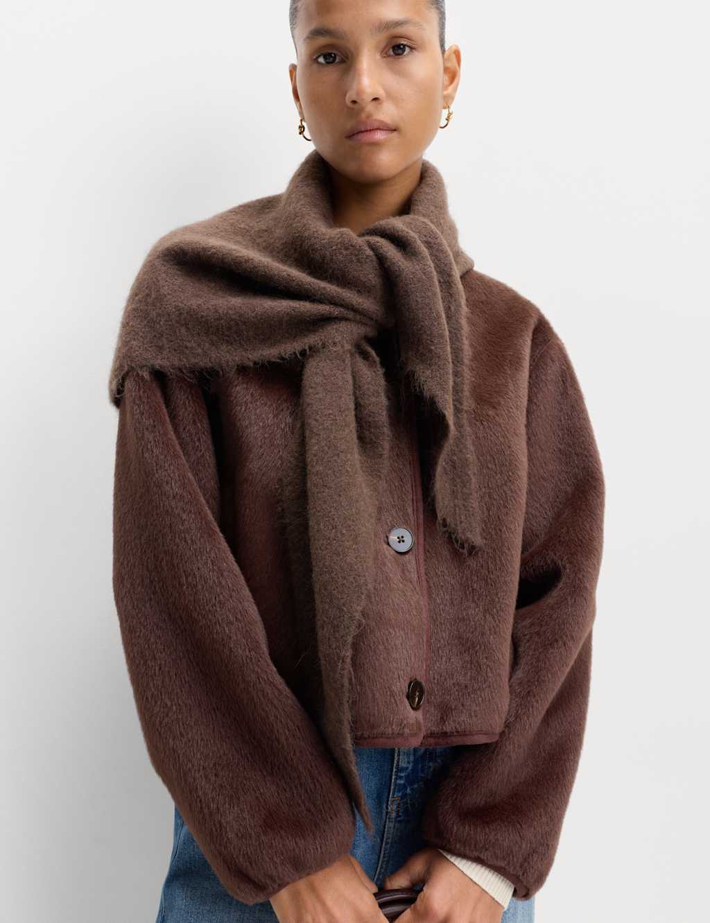 M&S Knitted Textured Triangle Scarf with Wool Chocolate