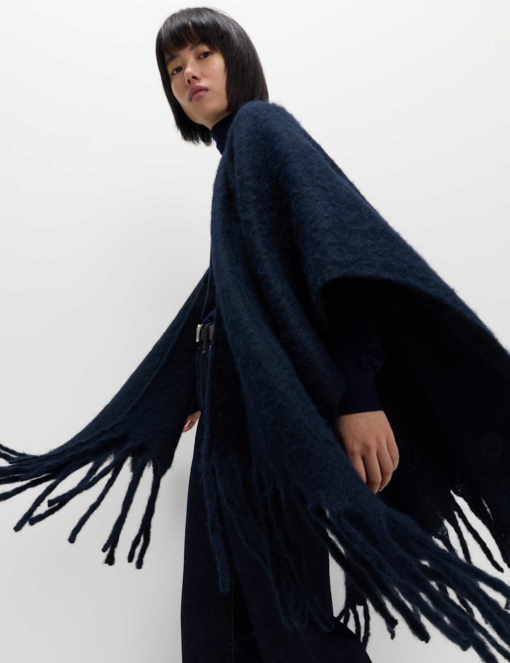 M&S Brushed Fringed Wrap Scarf with Wool Navy