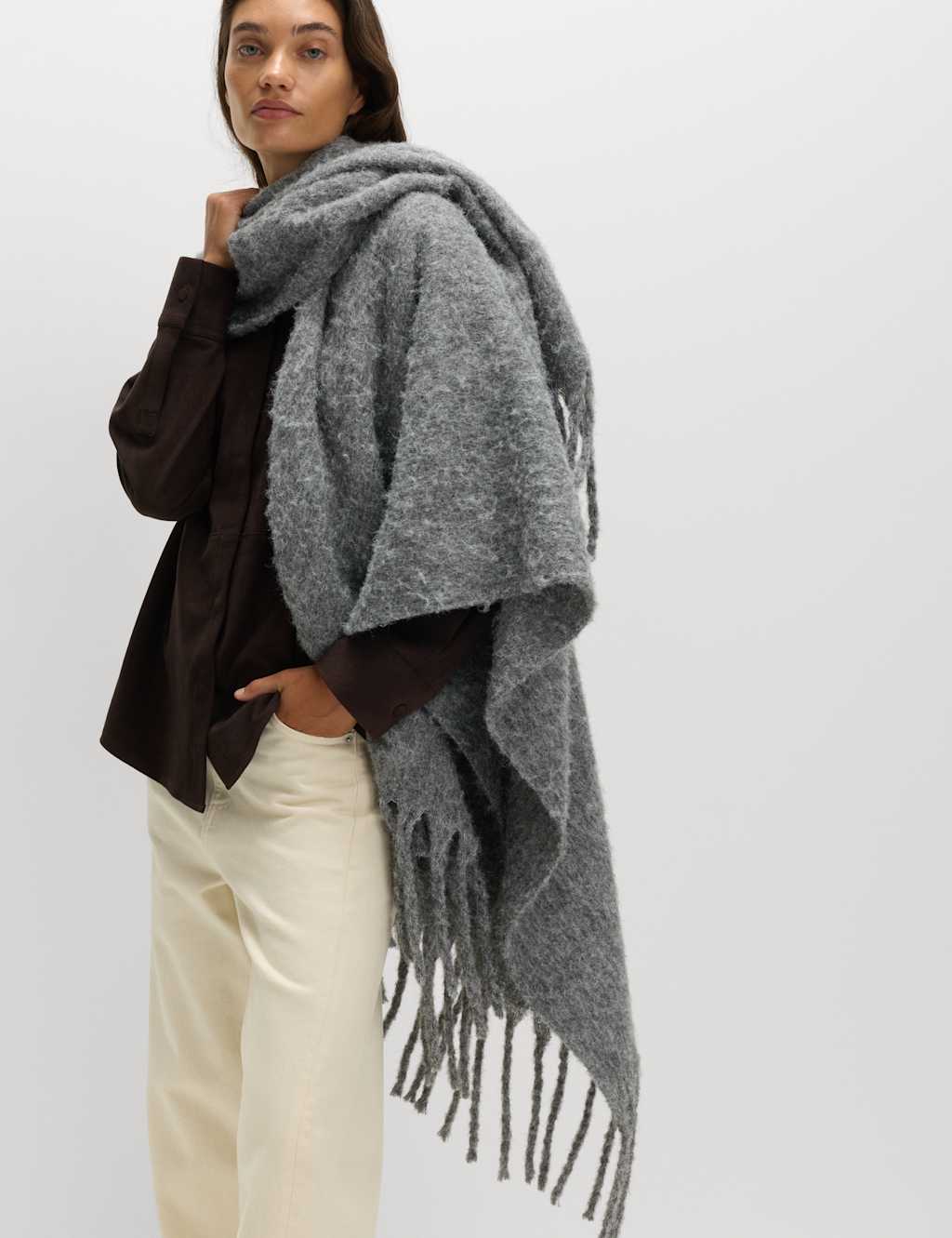 M&S Brushed Fringed Wrap Scarf with Wool Grey