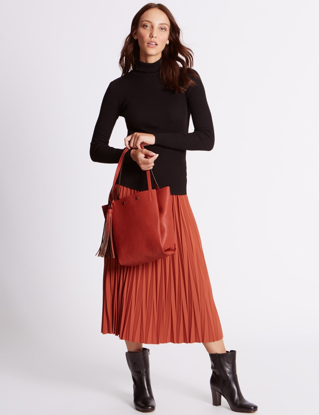 M&S 3 Compartment Tassel Tote Bag Orange Mix