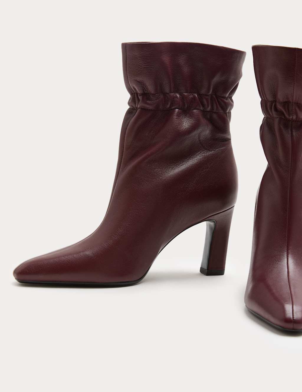 M&S Leather Ruched Block Heel Ankle Boots Burgundy