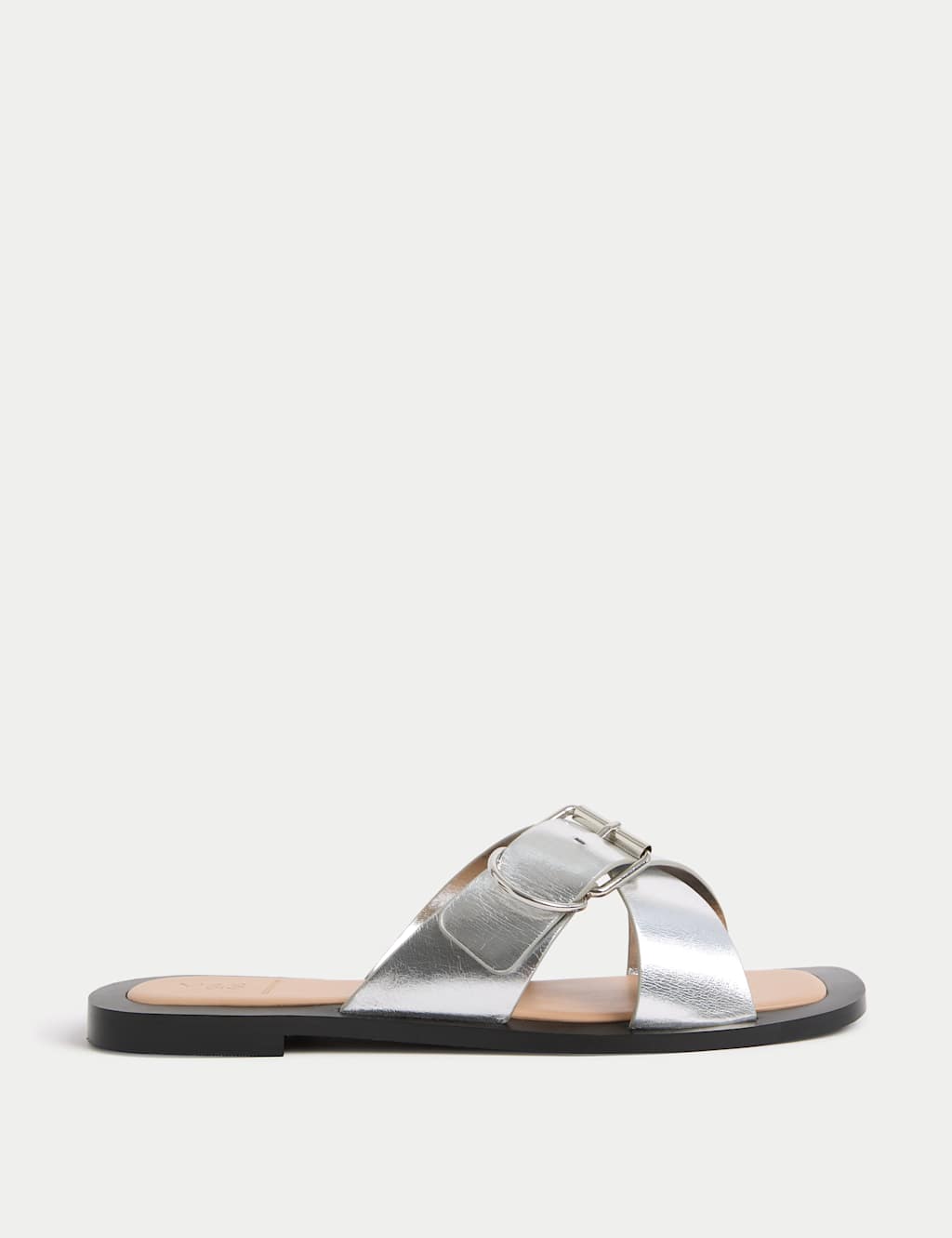 Leather Buckle Flat Square Toe Mules