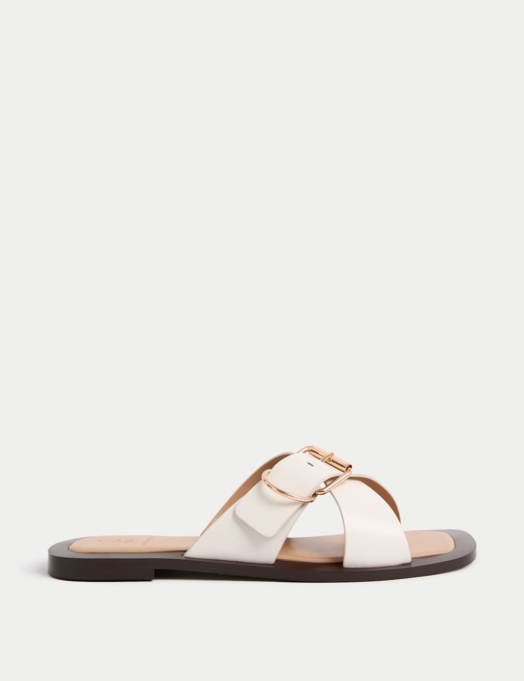Leather Buckle Flat Square Toe Mules