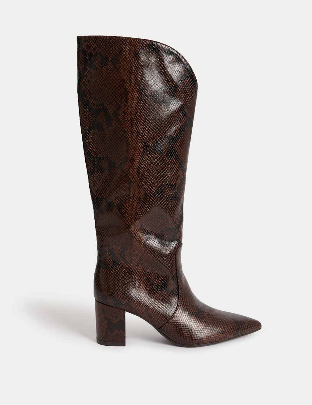 M&S Snake Print Block Heel Knee High Boots Brown Mix