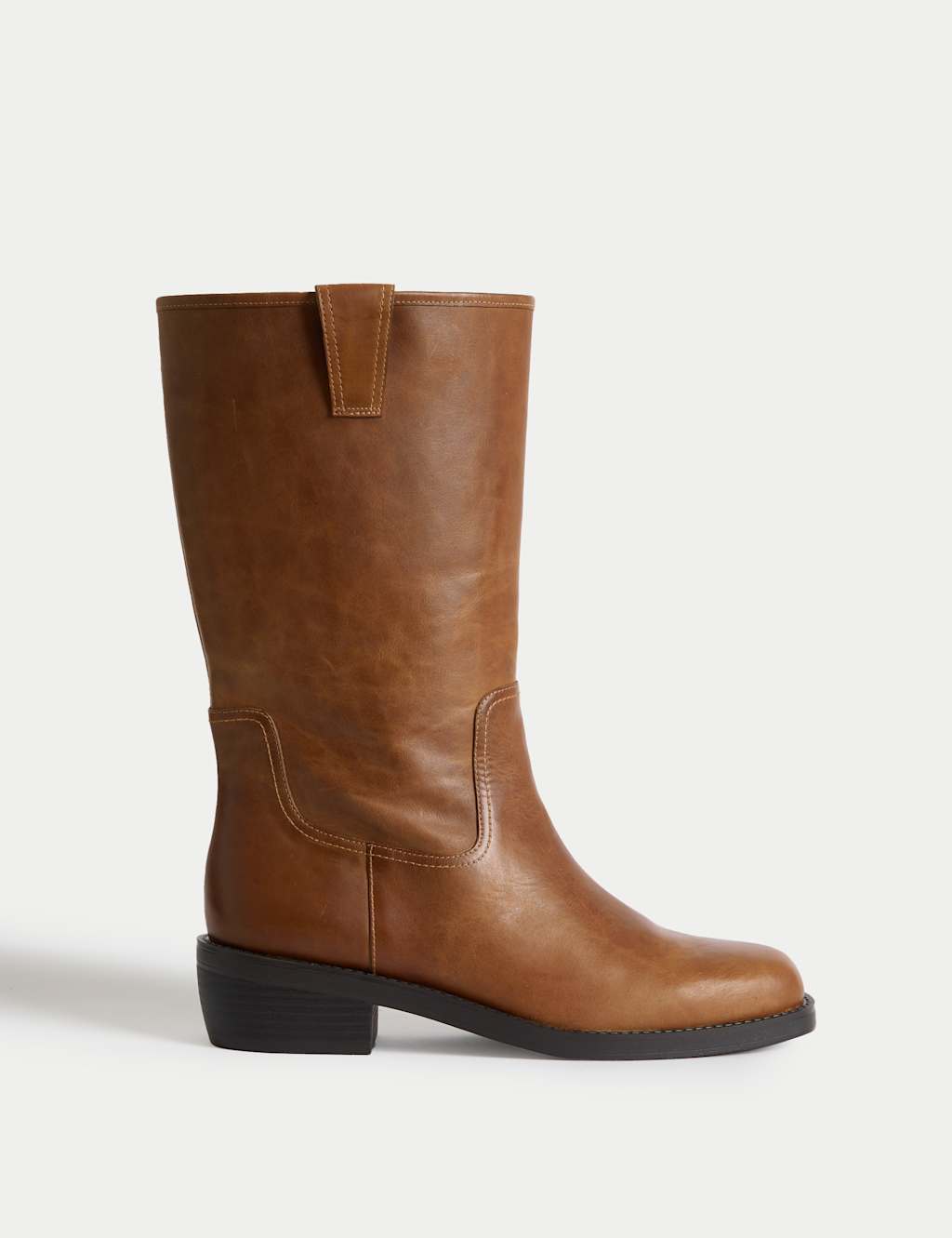 M&S Leather Pull On Mid Calf Boots Tan