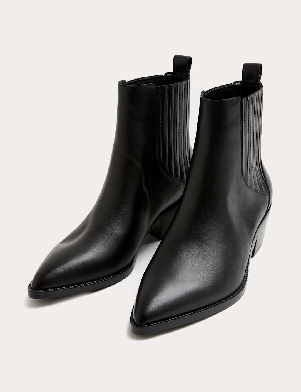 M&S Leather Cowboy Block Heel Pointed Ankle Boots Black
