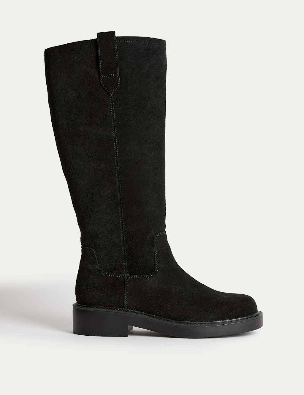 M&S Suede Chunky Pull On Knee High Boots Black