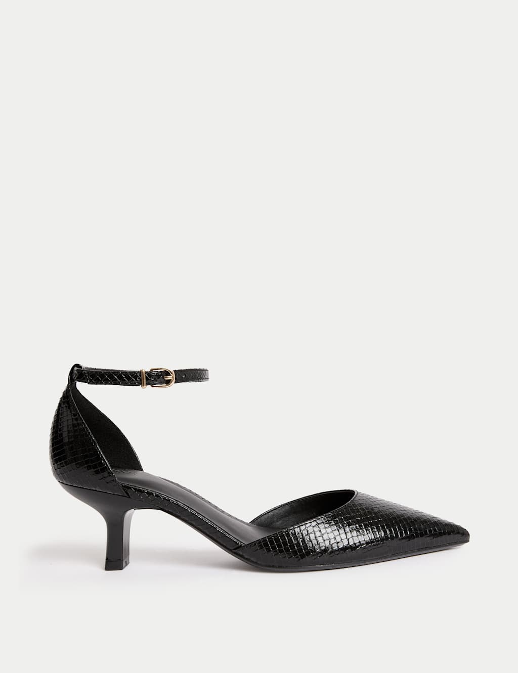 M&S Ankle Strap Kitten Heel Pointed Court Shoes Black
