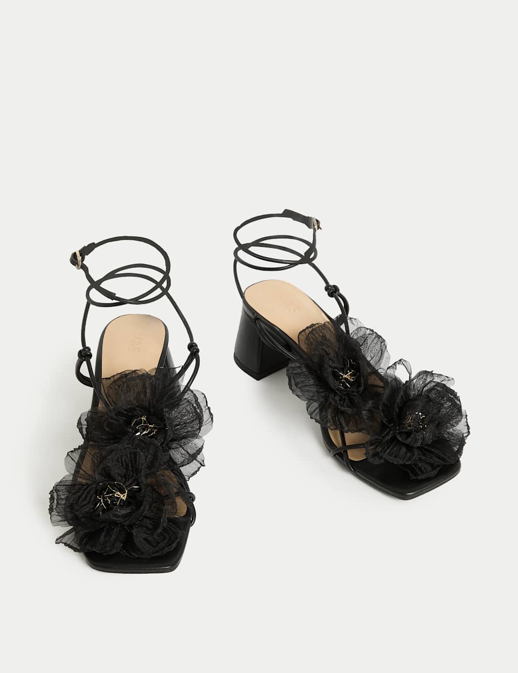 Organza Flower Corsage Block Heel Sandals