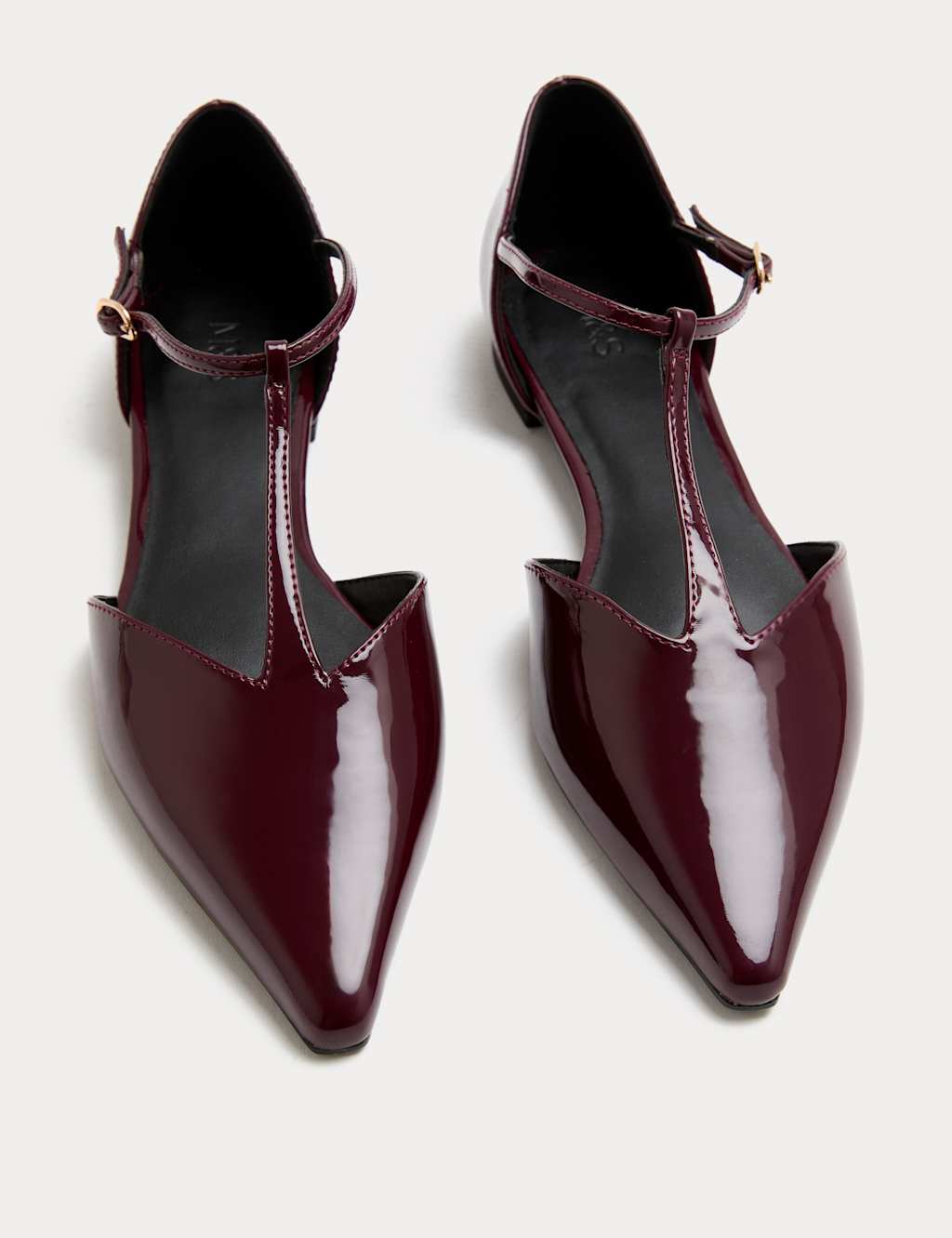 M&S Patent T Bar Flat Pointed Ballet Pumps Burgundy