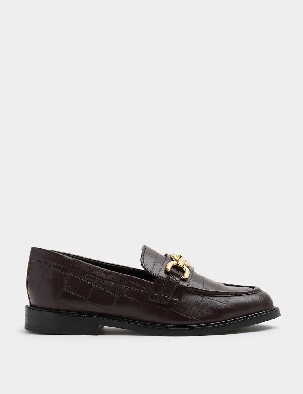 M&S Leather Croc Trim Flat Loafers Burgundy