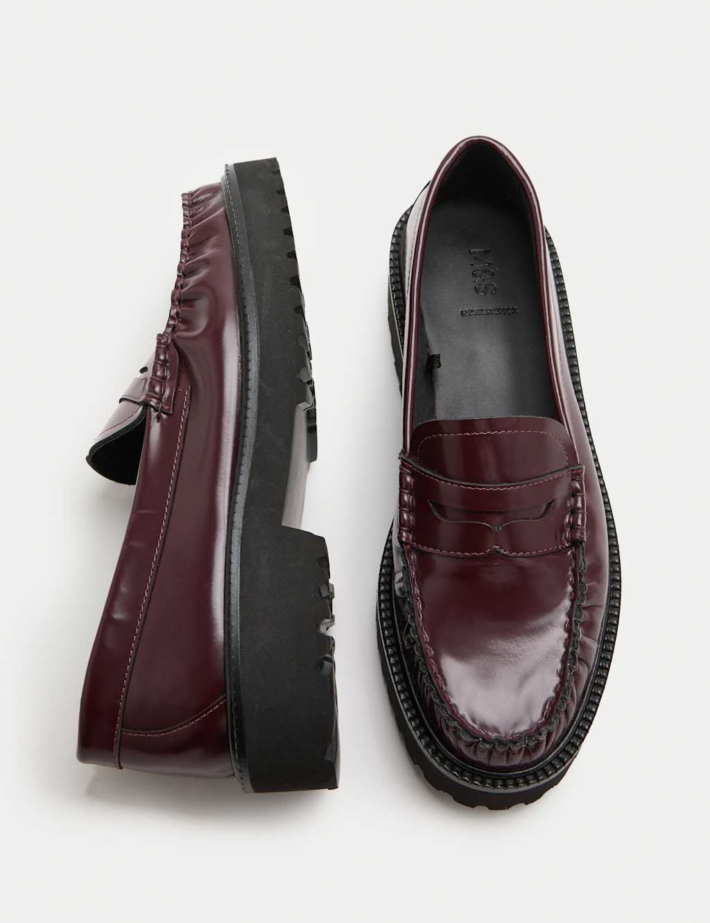 M&S Leather Chunky Block Heel Loafers Burgundy