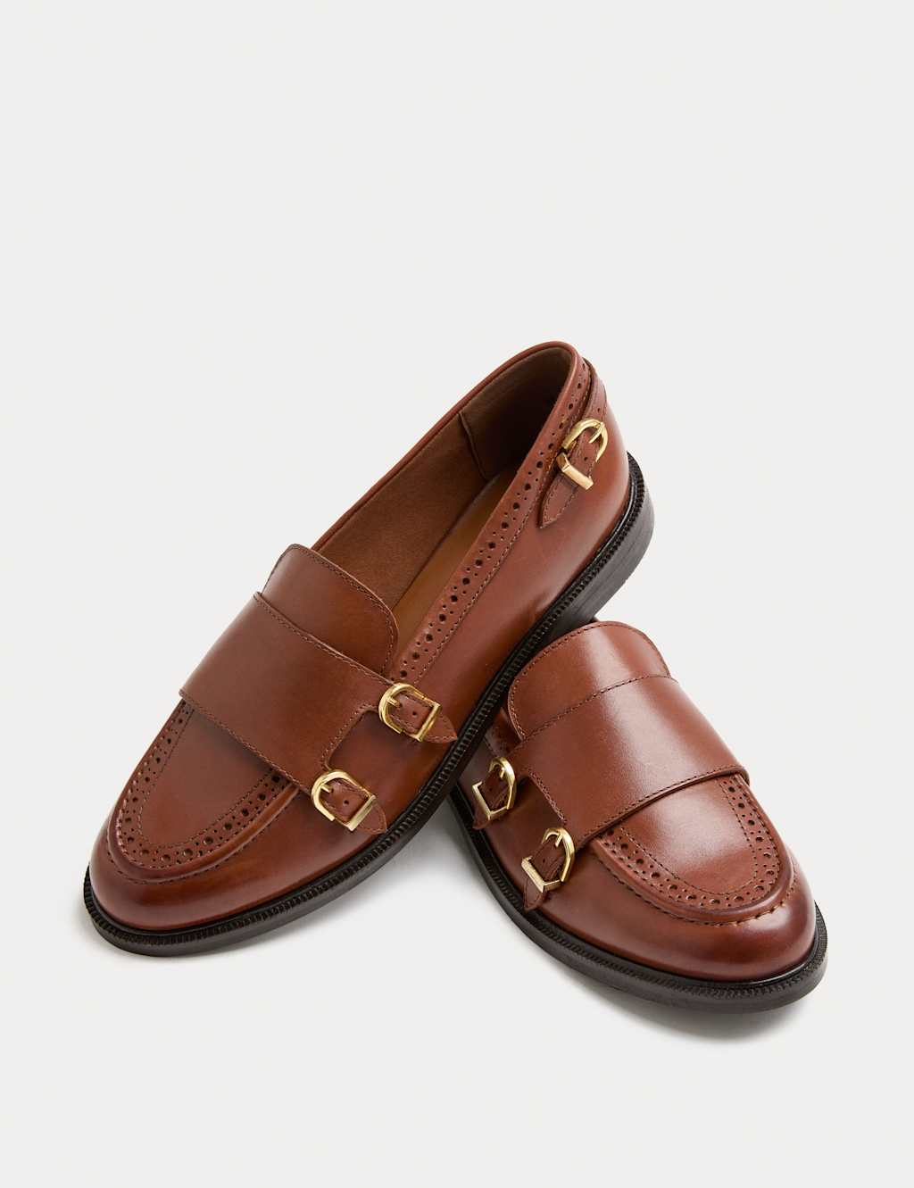 M&S Leather Brogue Detail Buckle Flat Loafers Tan