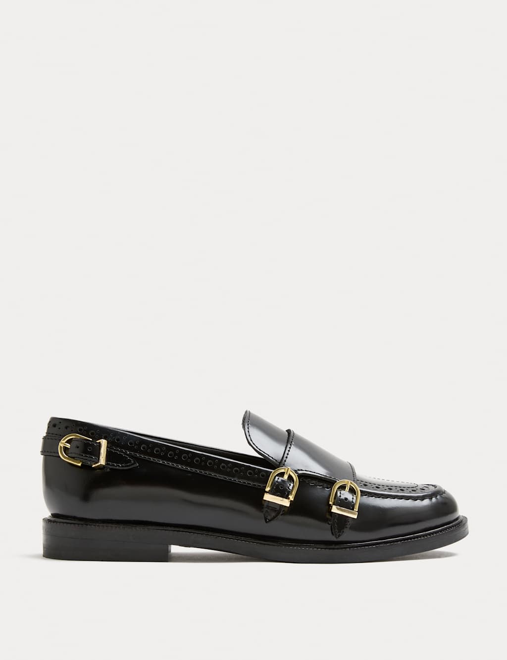 M&S Leather Brogue Detail Buckle Flat Loafers Black