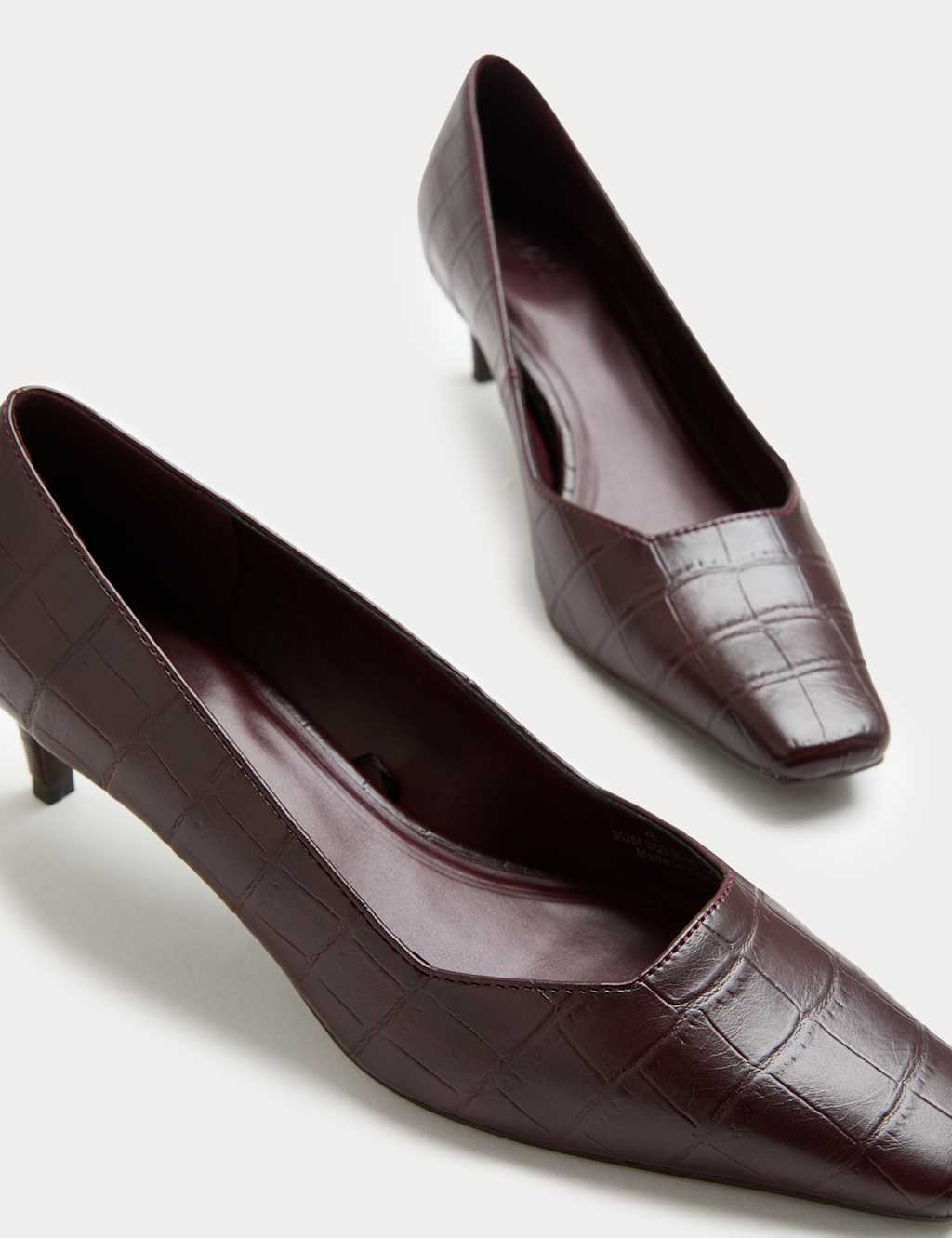 M&S Croc Kitten Heel Chisel Toe Court Shoes Burgundy