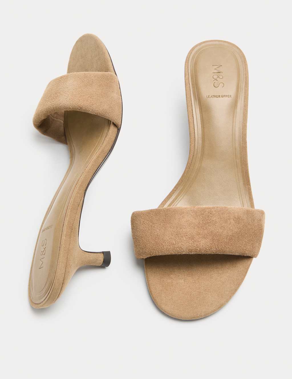 M&S Women's Suede Kitten Heel Open Toe Mules - 7 - Taupe