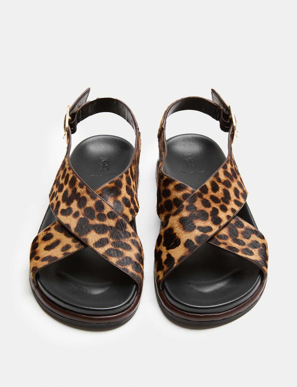 M&S Women's Suede Animal Print Buckle Flat Sandals - 4 - Brown Mix