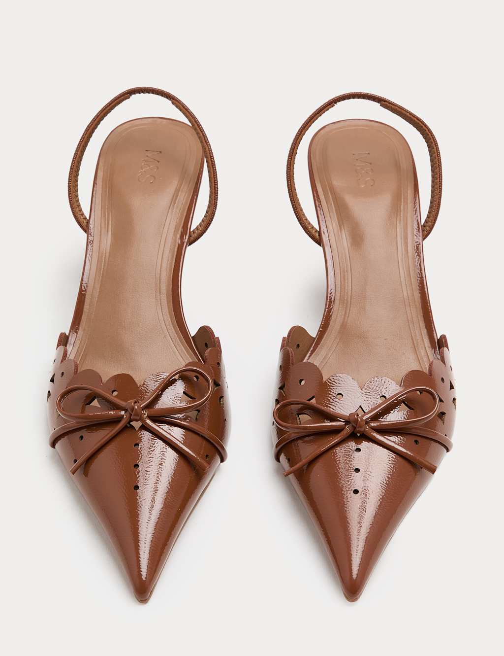 M&S Women's Patent Bow Cut Out Kitten Heel Pointed Slingback Shoes - 5 - Tan