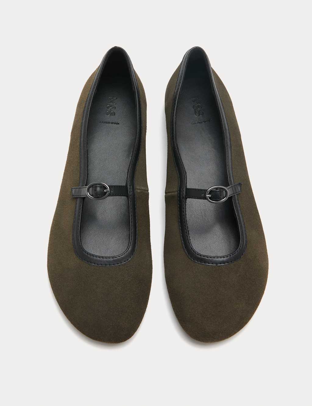 M&S Women's Suede Flat Mary Jane Ballet Pump Shoes - 8 - Olive