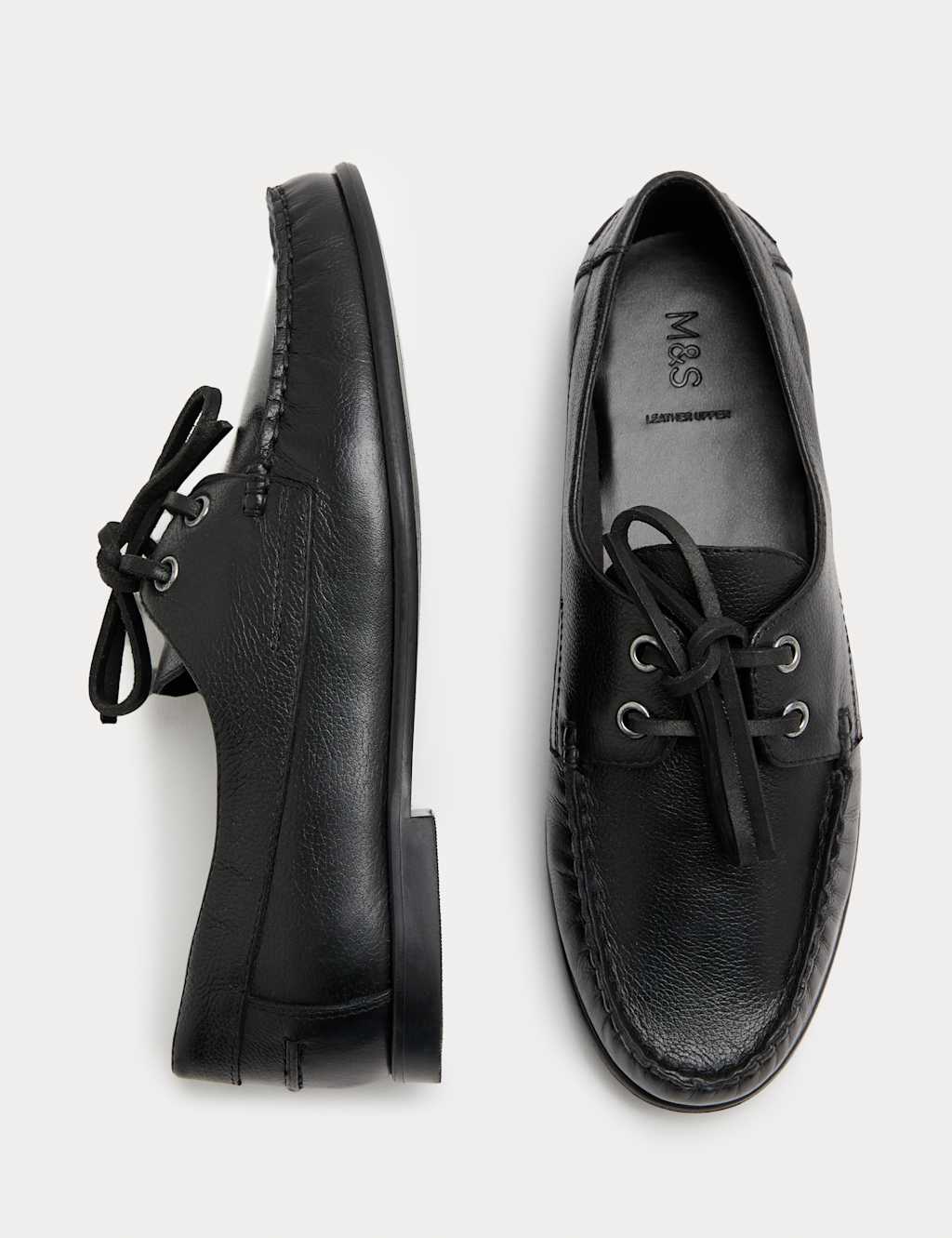 M&S Leather Lace Up Flat Boat Shoes Black