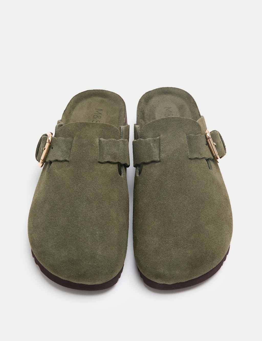 M&S Suede Scallop Edge Strap Clogs Olive