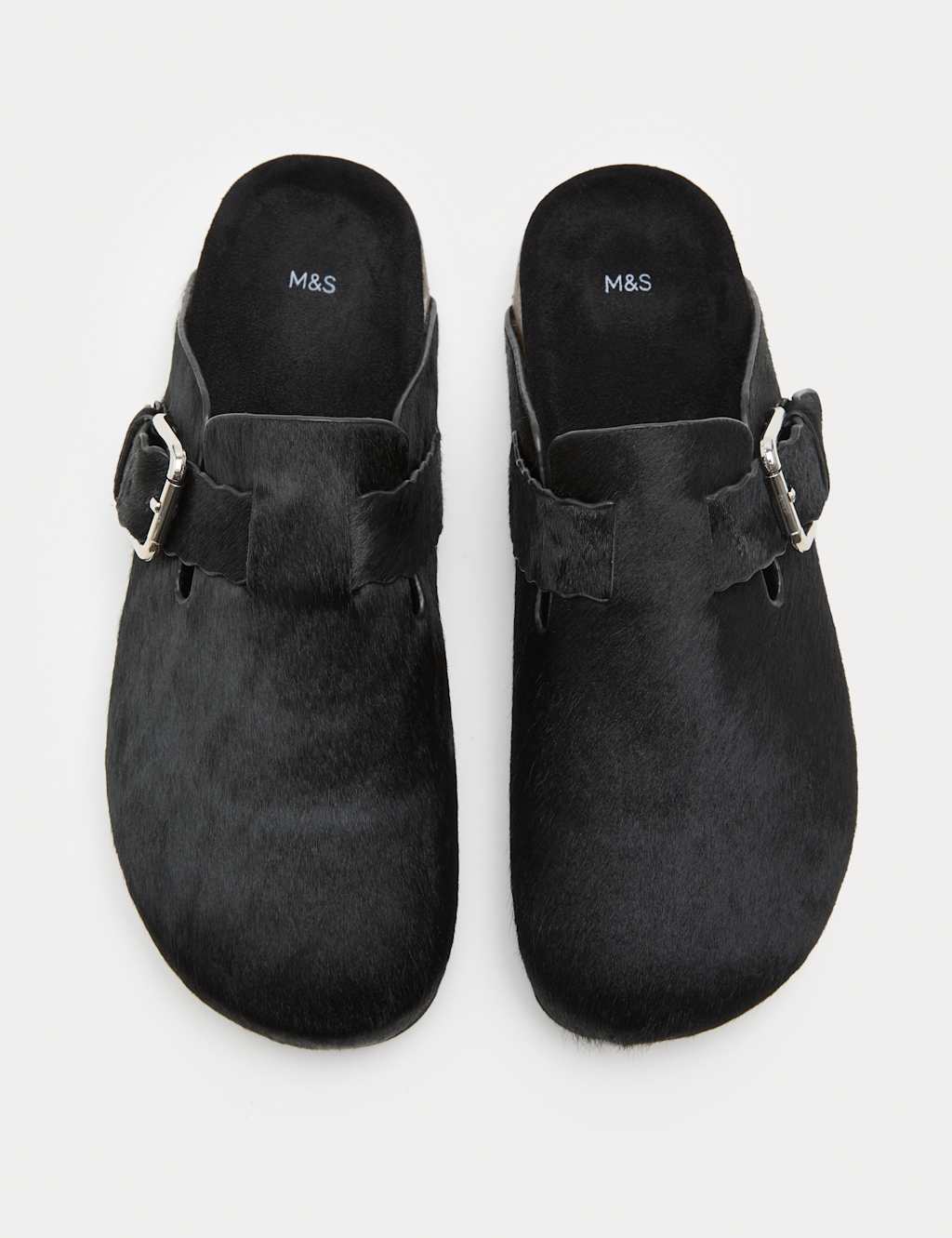 M&S Women's Leather Hair On Scallop Edge Strap Clogs - 8 - Black