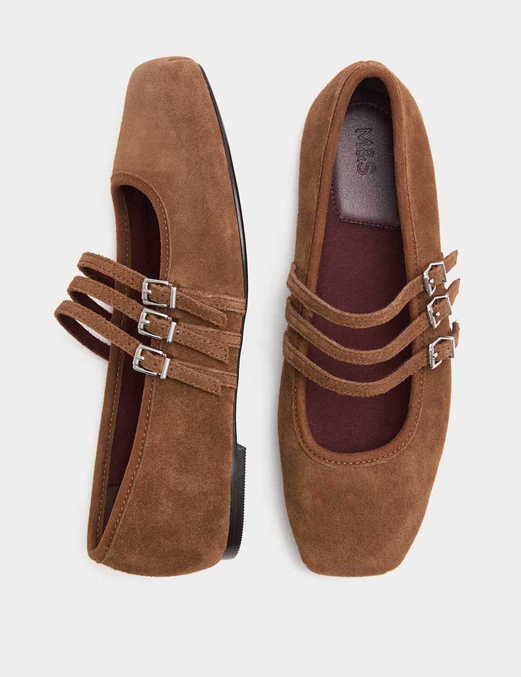 M&S Women's Suede Triple Strap Mary Jane Ballet Pumps - 3 - Brown