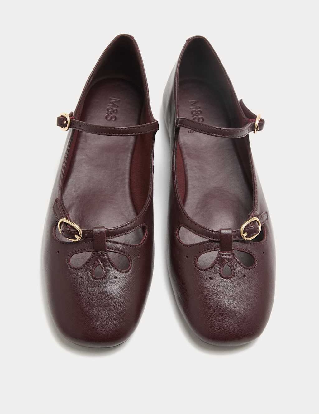M&S Women's Leather Cut Out Mary Jane Ballet Pumps - 5 - Burgundy