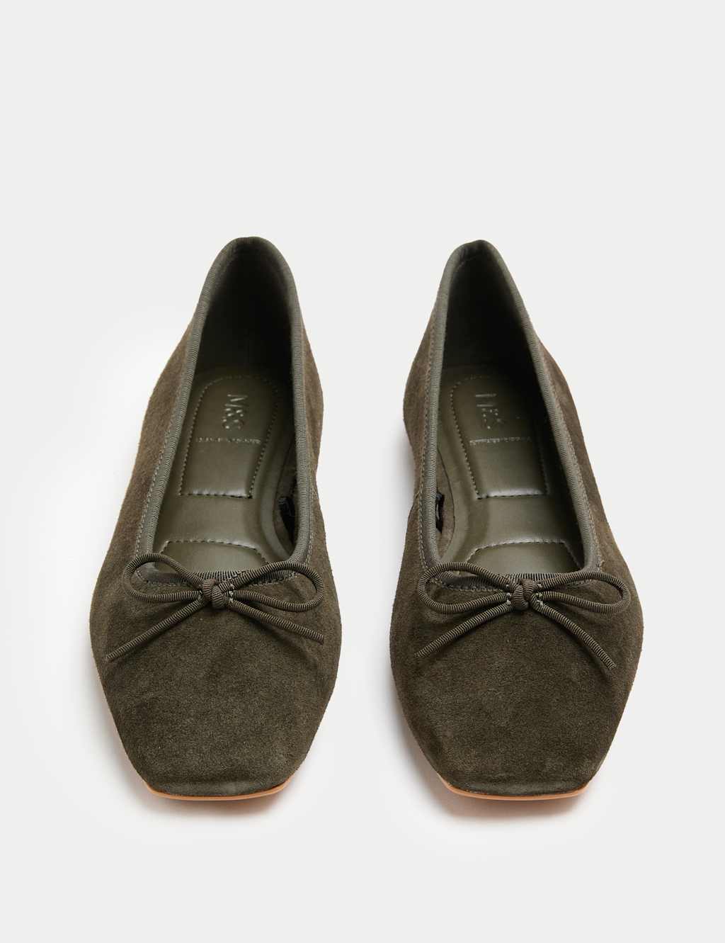 M&S Suede Flat Square Toe Ballet Pumps Olive