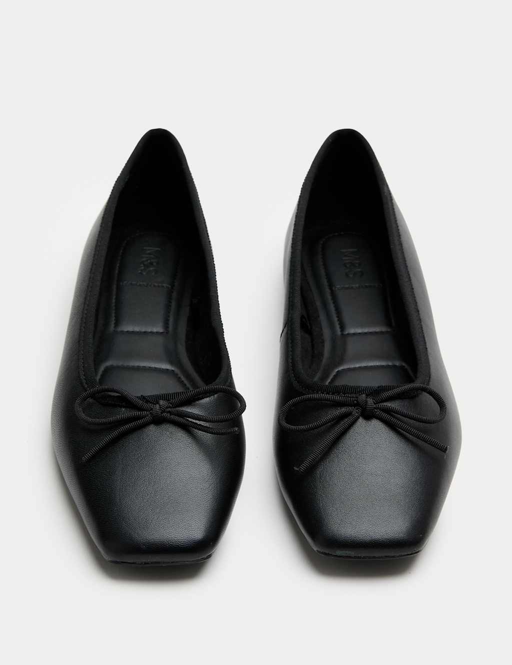 M&S Women's Leather Bow Square Toe Flat Ballet Pumps - 9 - Black
