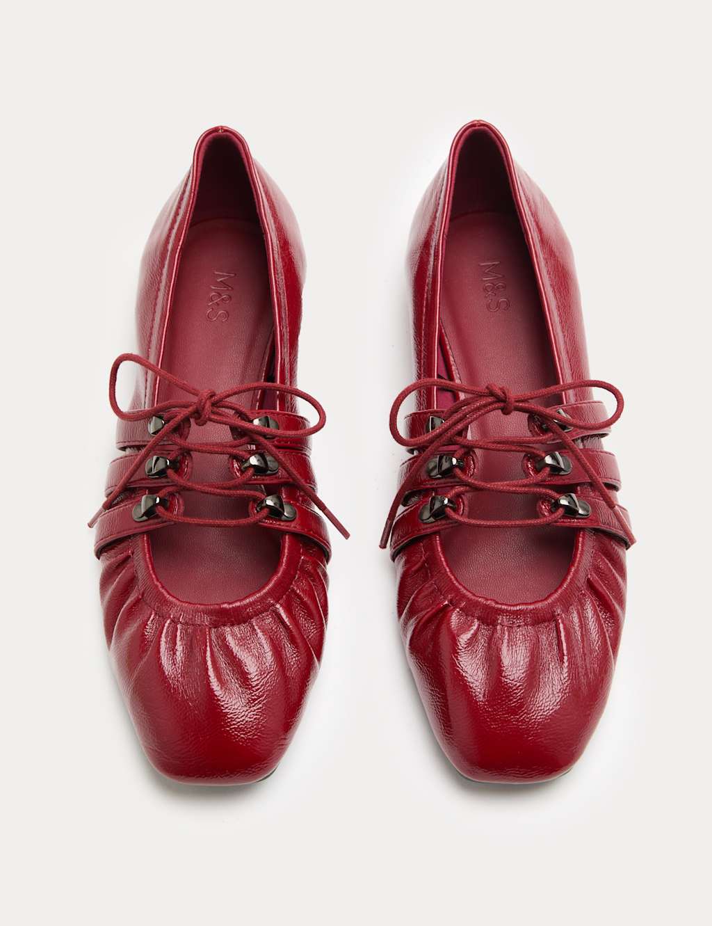 M&S Women's Lace Up Flat Ballet Pumps - 8 - Dark Red