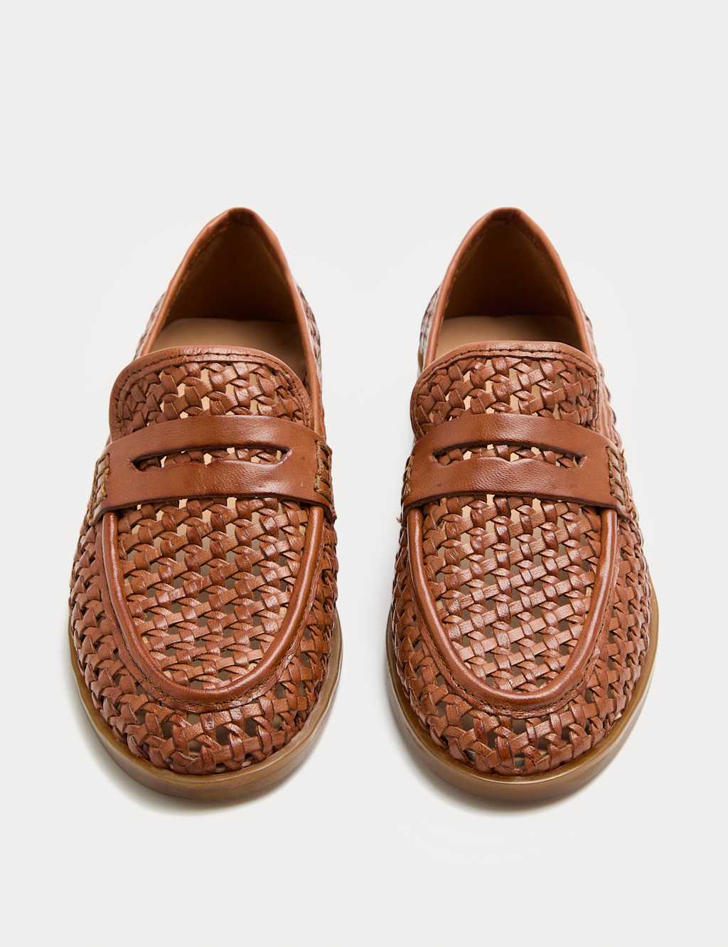M&S Women's Leather Woven Flat Loafers - 5 - Tan