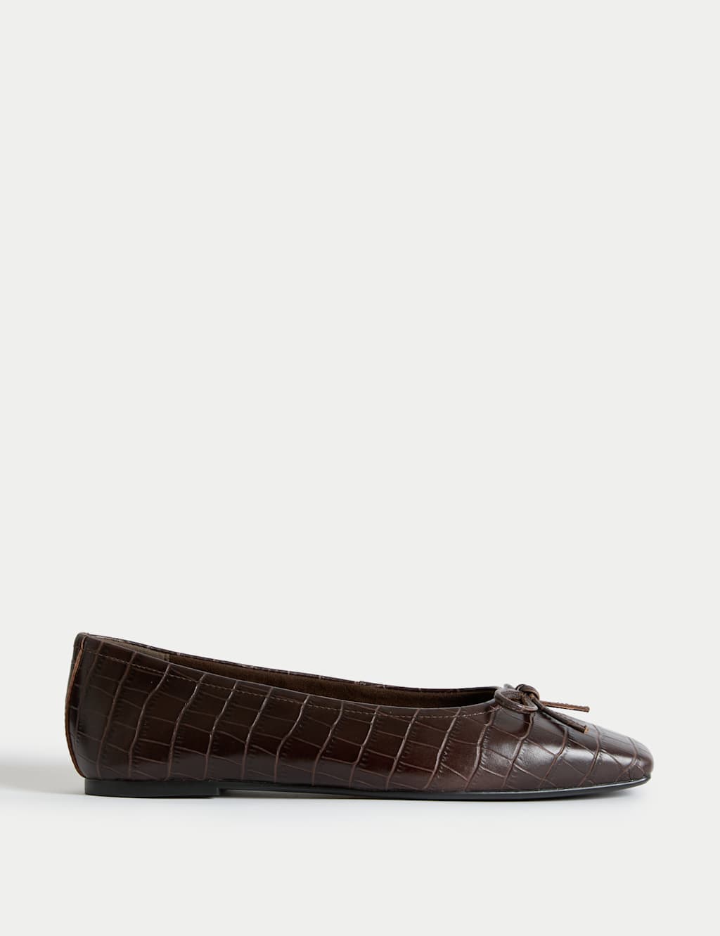 M&S Leather Croc Flat Square Toe Ballet Pumps Brown