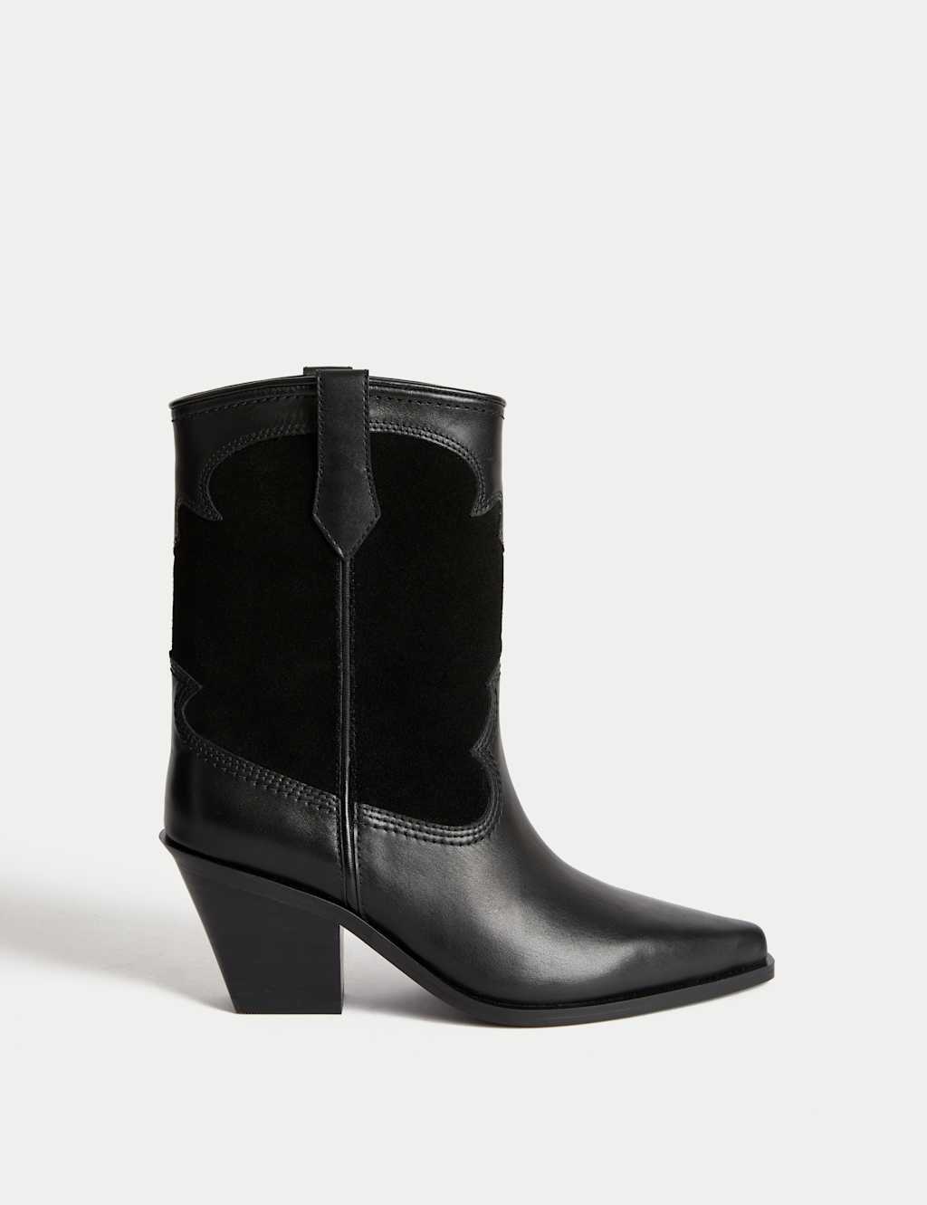 M&S Leather Cowboy Block Heel Ankle Boots Black Mix
