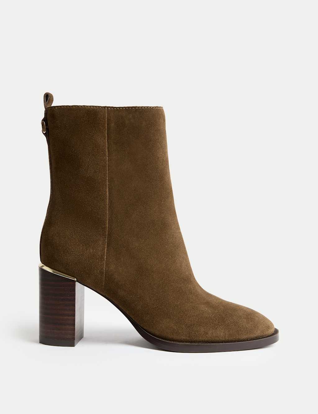 M&S Suede Gold Detail Block Heel Ankle Boots Dark Khaki