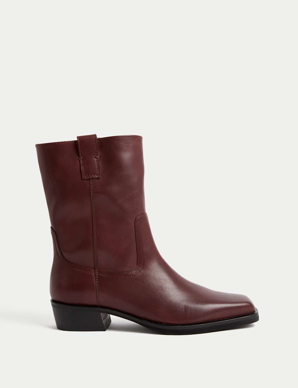 M&S Leather Block Heel Chisel Toe Ankle Boots Burgundy