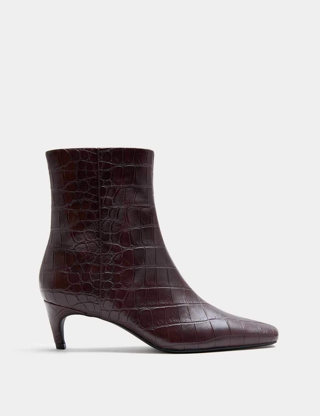 M&S Croc Chisel Toe Kitten Heel Ankle Boots Dark Burgundy