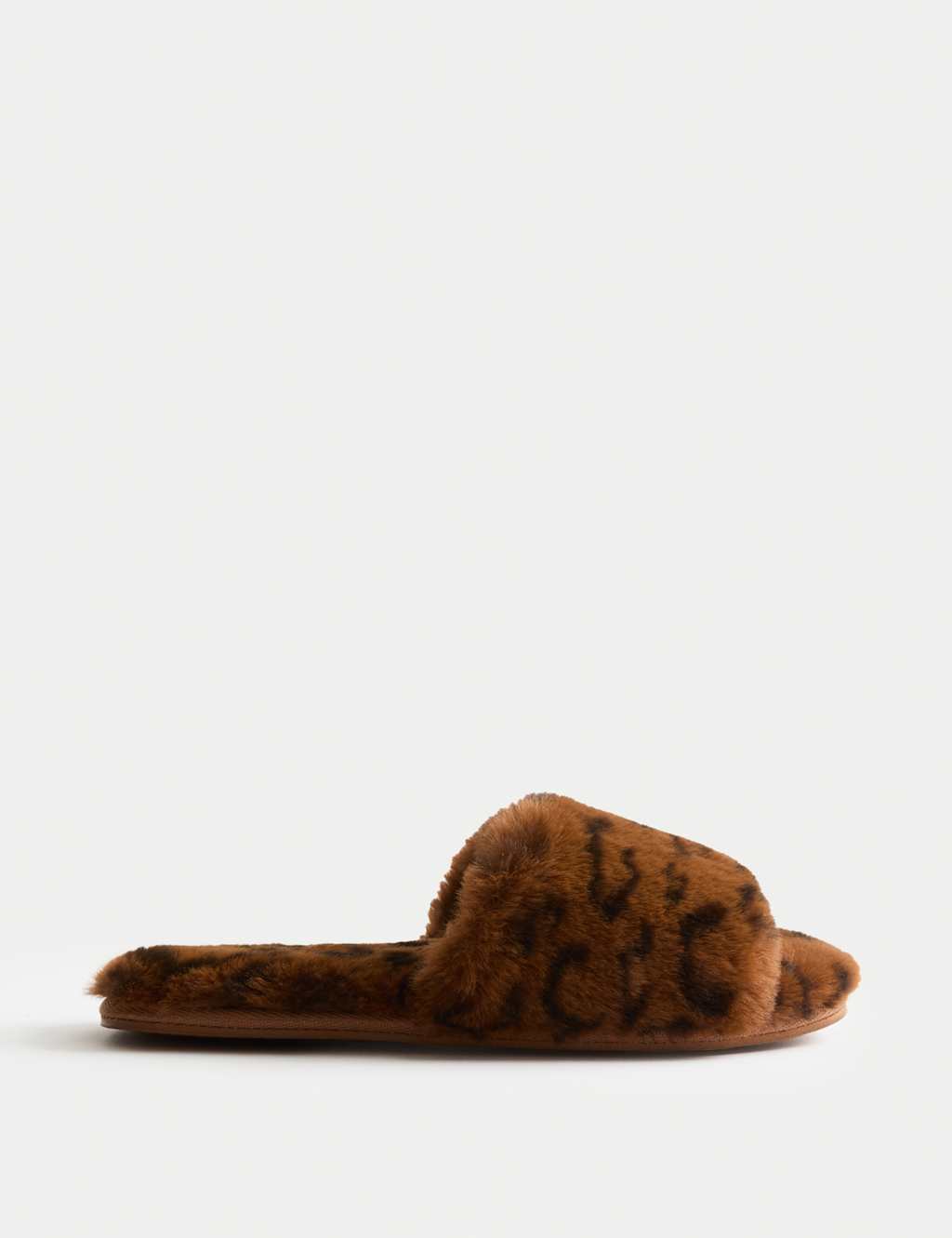 M&S Faux Fur Leopard Print Open Toe Mule Slippers Brown Mix