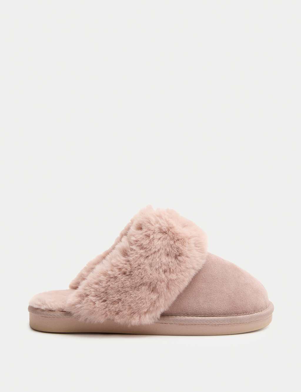 M&S Suede Faux Fur Trim Mule Slippers Blush