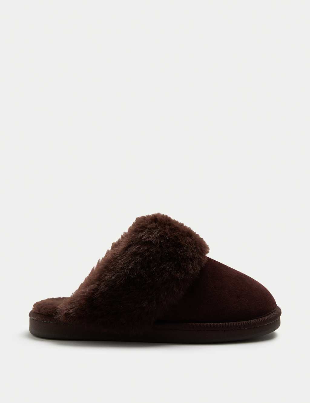 M&S Suede Faux Fur Trim Mule Slippers Chocolate