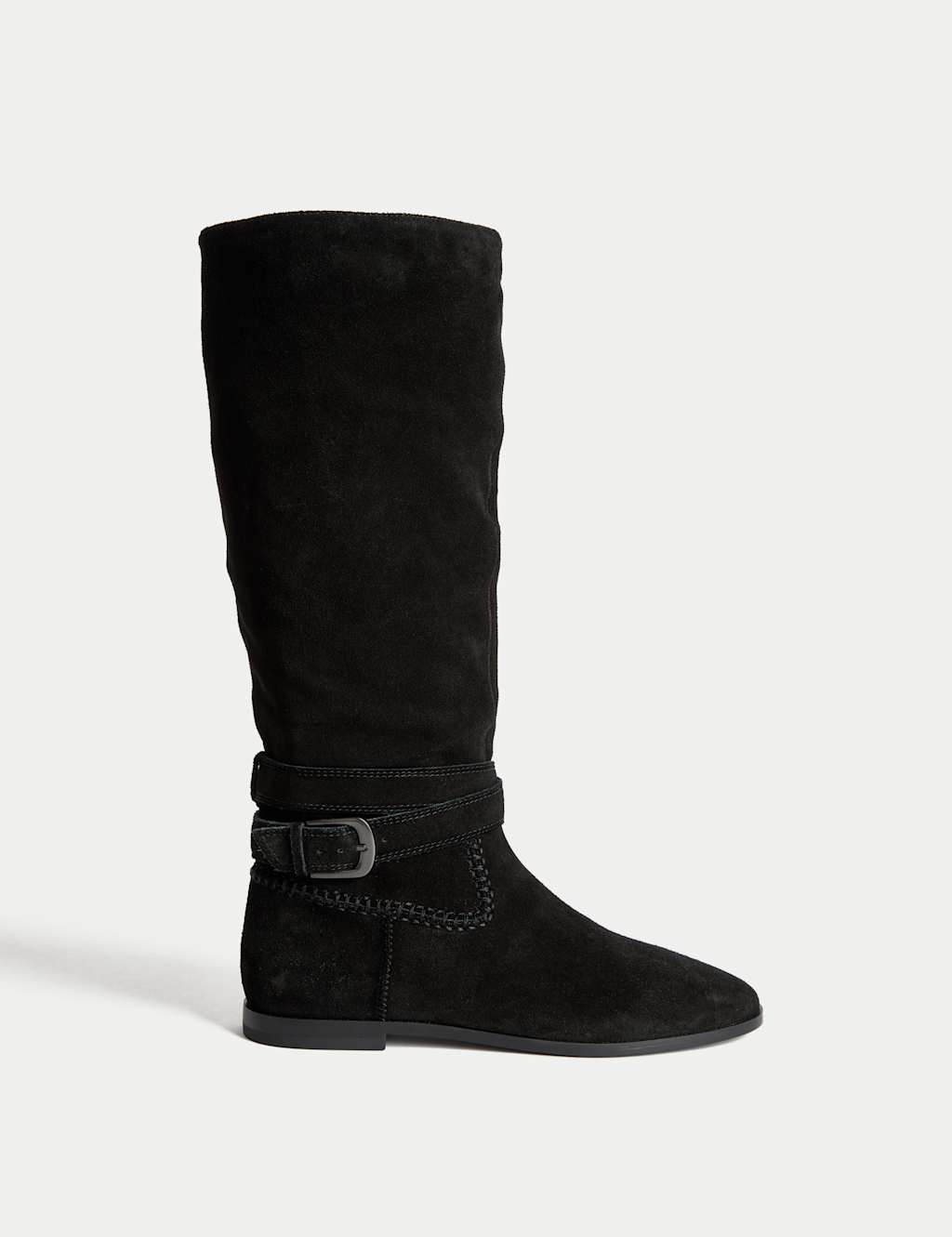 M&S Suede Buckle Flat Knee High Boots Black
