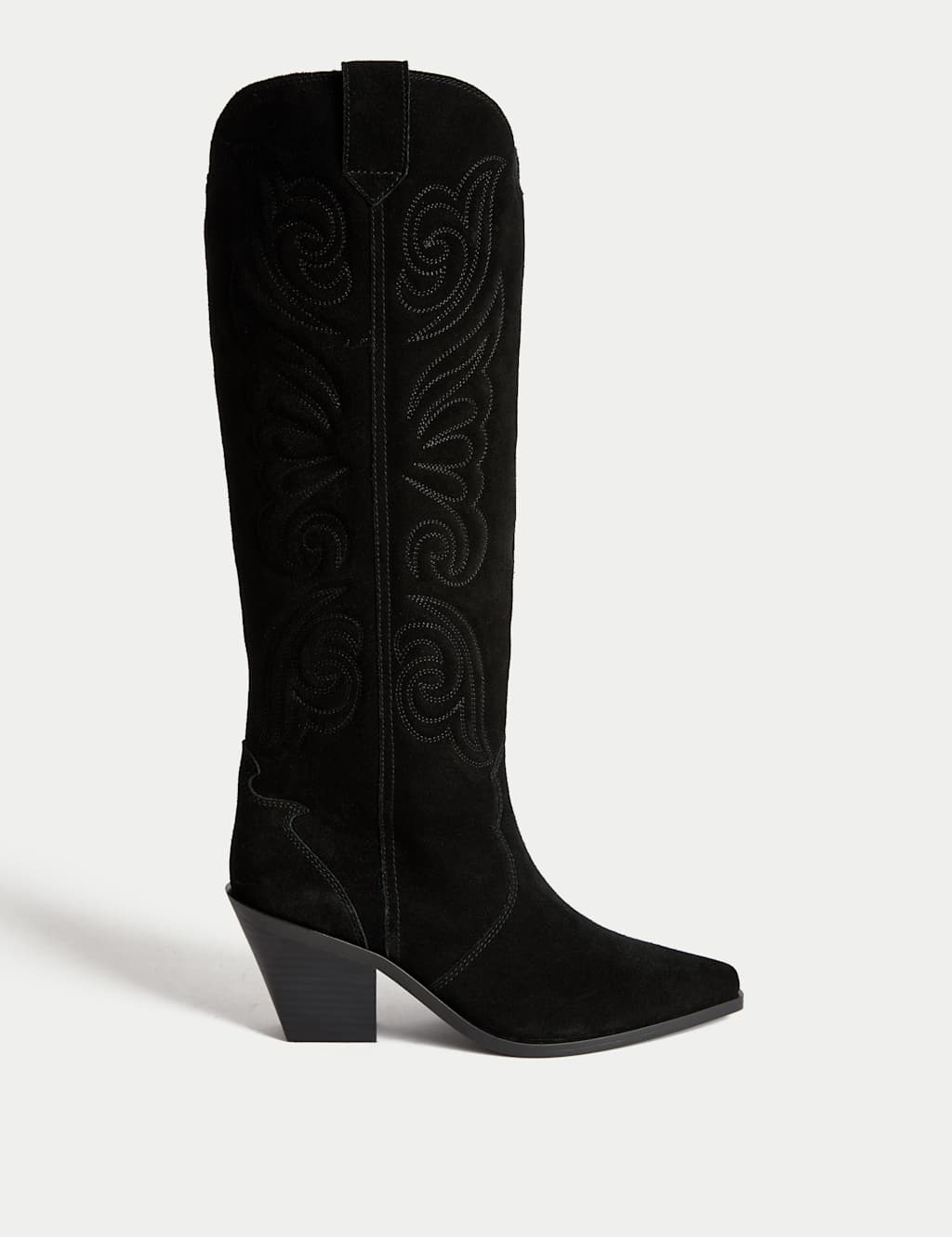 M&S Suede Cowboy Embroidered Knee High Boots Black