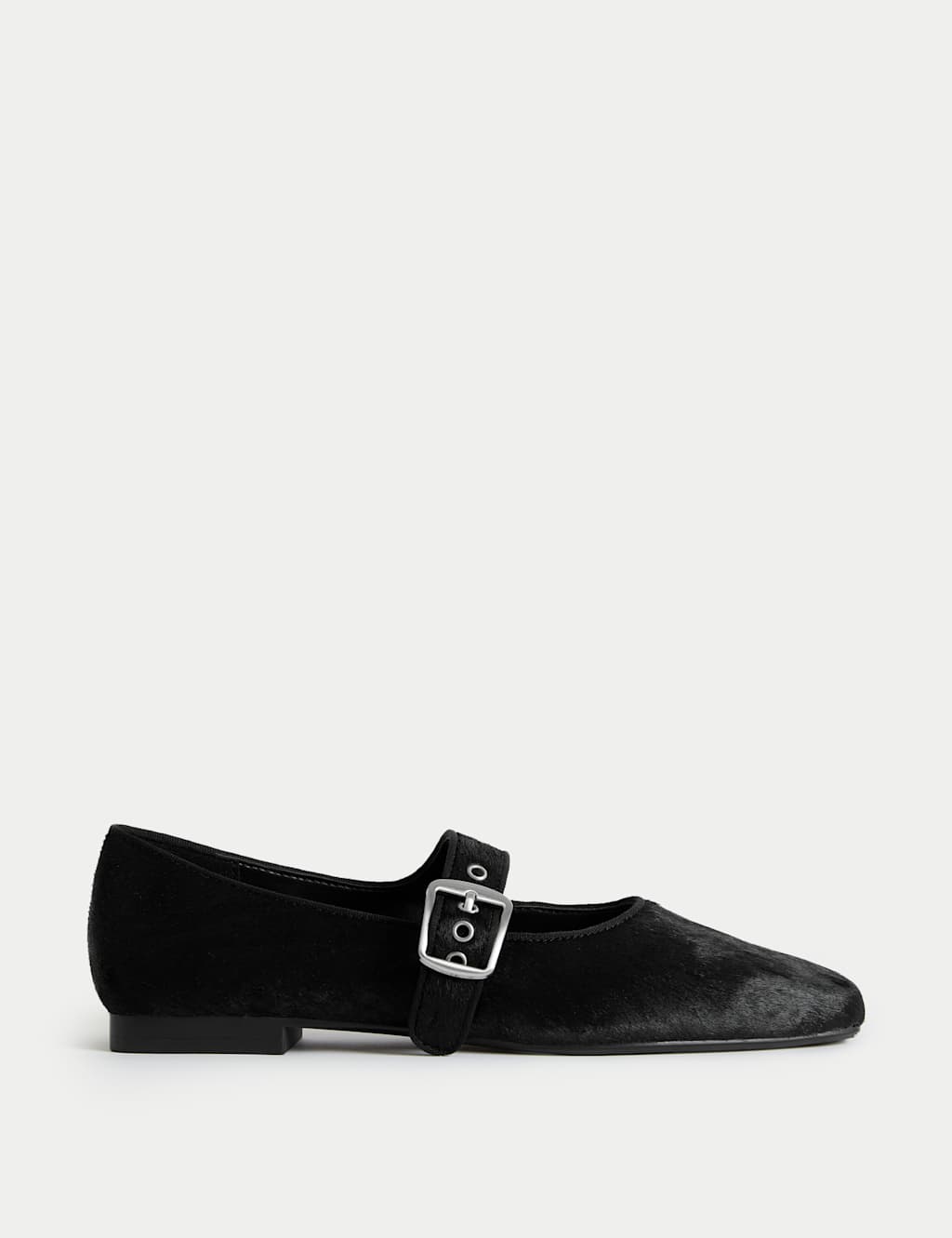 M&S Hair On Leather Buckle Flat Ballet Pumps Black