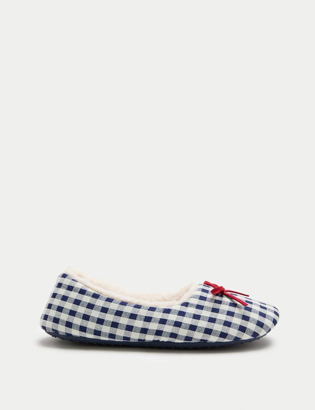M&S Gingham Pint Faux Fur Lined Ballet Slippers Navy Mix