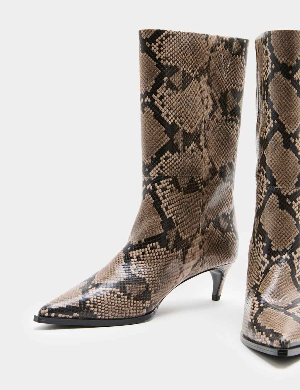 M&S Snake Print Kitten Heel Mid Calf Boots Brown Mix