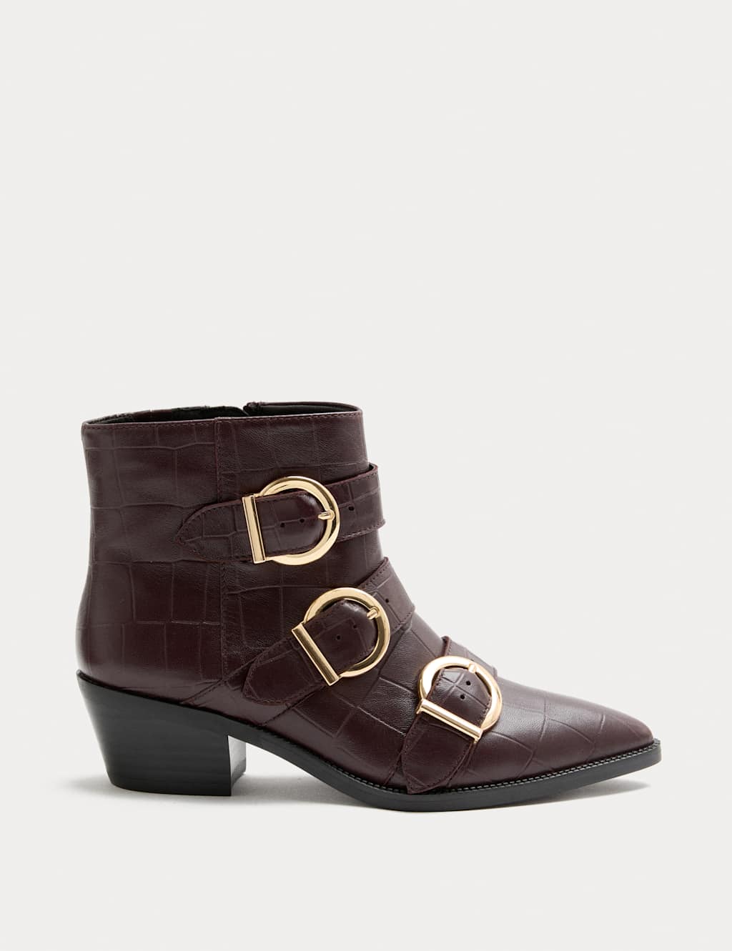 M&S Leather Croc Buckle Block Heel Ankle Boots Burgundy